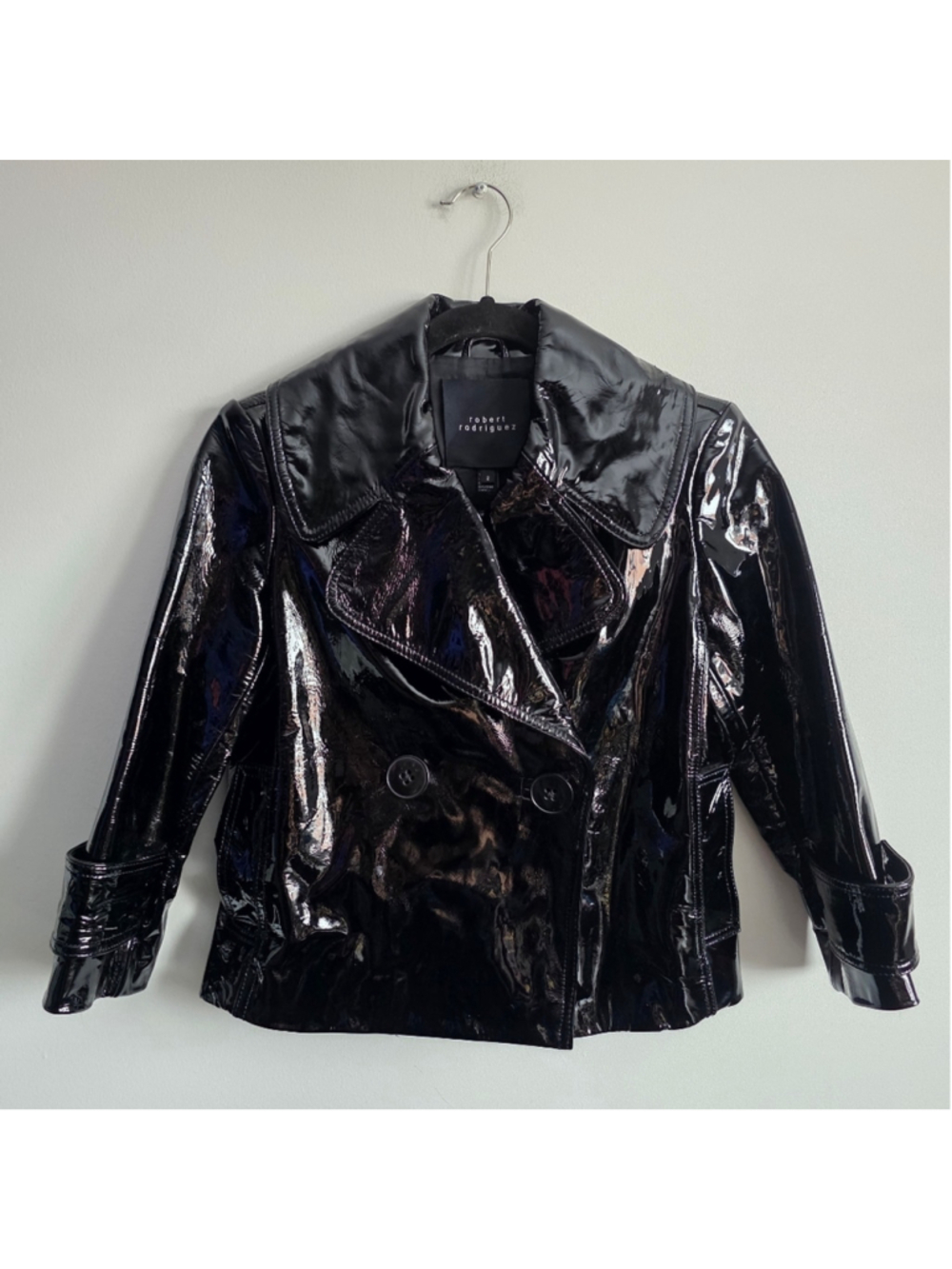 Robert Rodriguez Black Patent Leather Jacket Cropped Double Breasted Moto Sz 2